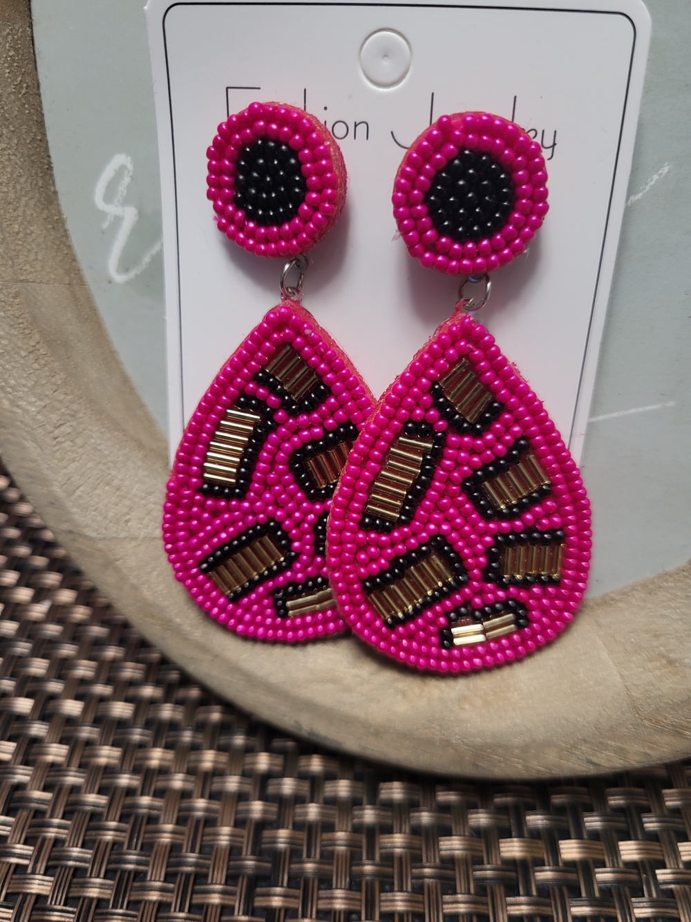 Hot Pink Beaded Teardrop Earrings